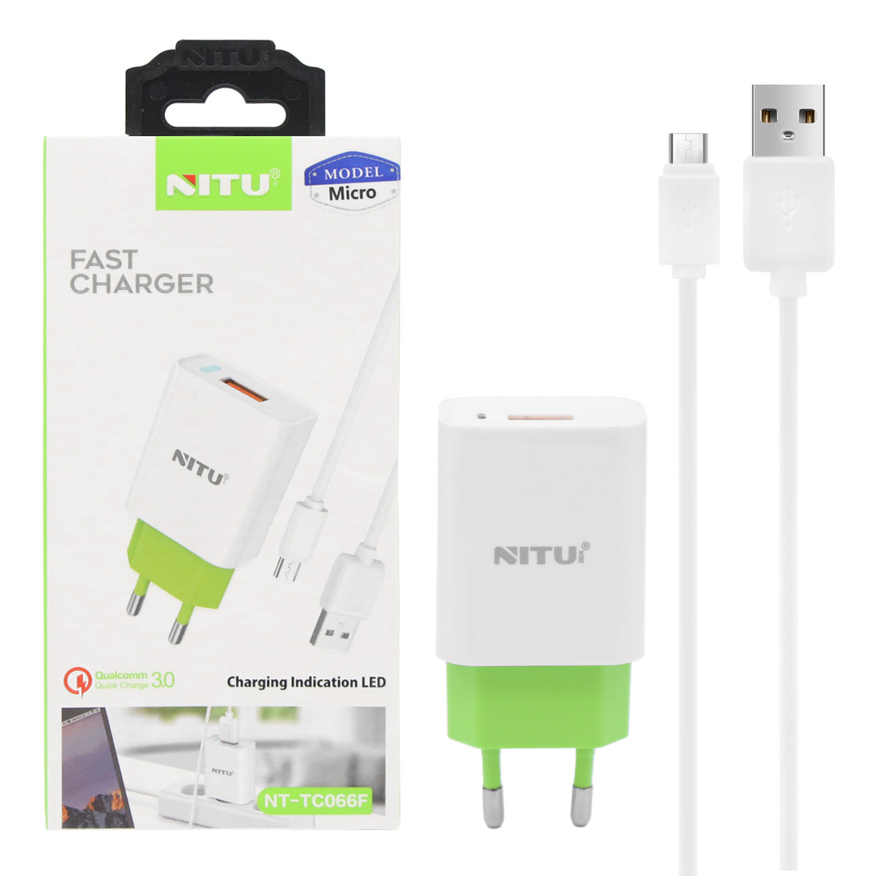 شارژر دیواری فست NITU مدل NT-TC066F به همراه کابل Micro USB - سفید سبز