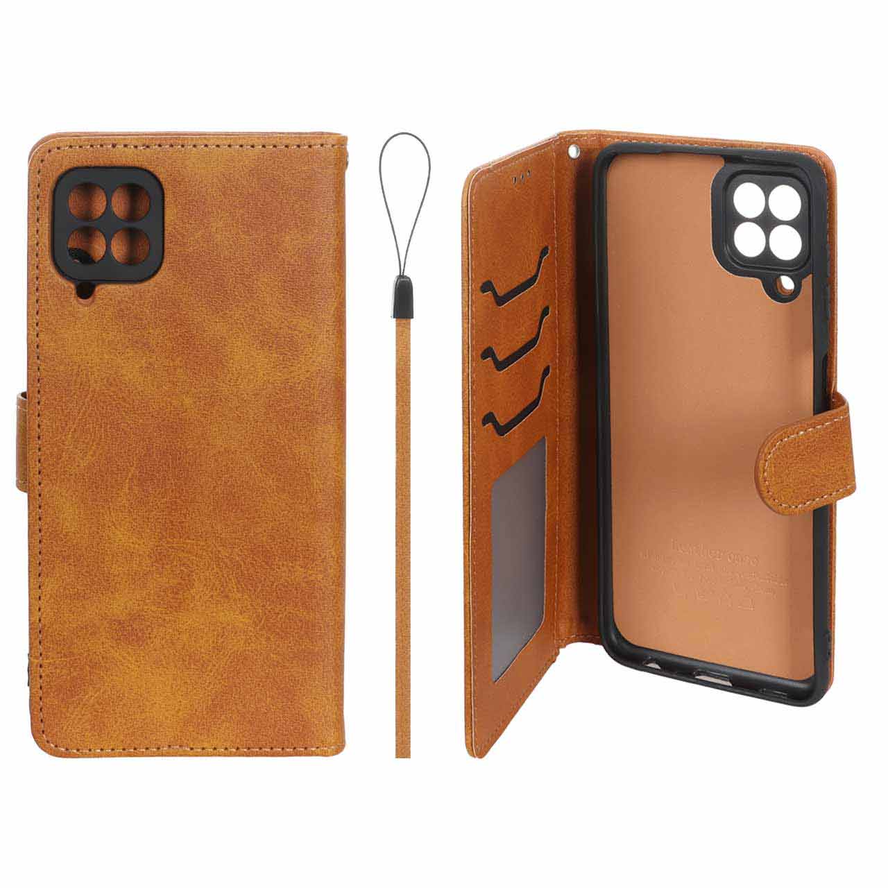 کیف موبایل مگنتی داخل خز MNC Plus طرح چرم مناسب برای سامسونگ گلکسی A22 4G، M32 4G و F22 رنگ عسلی