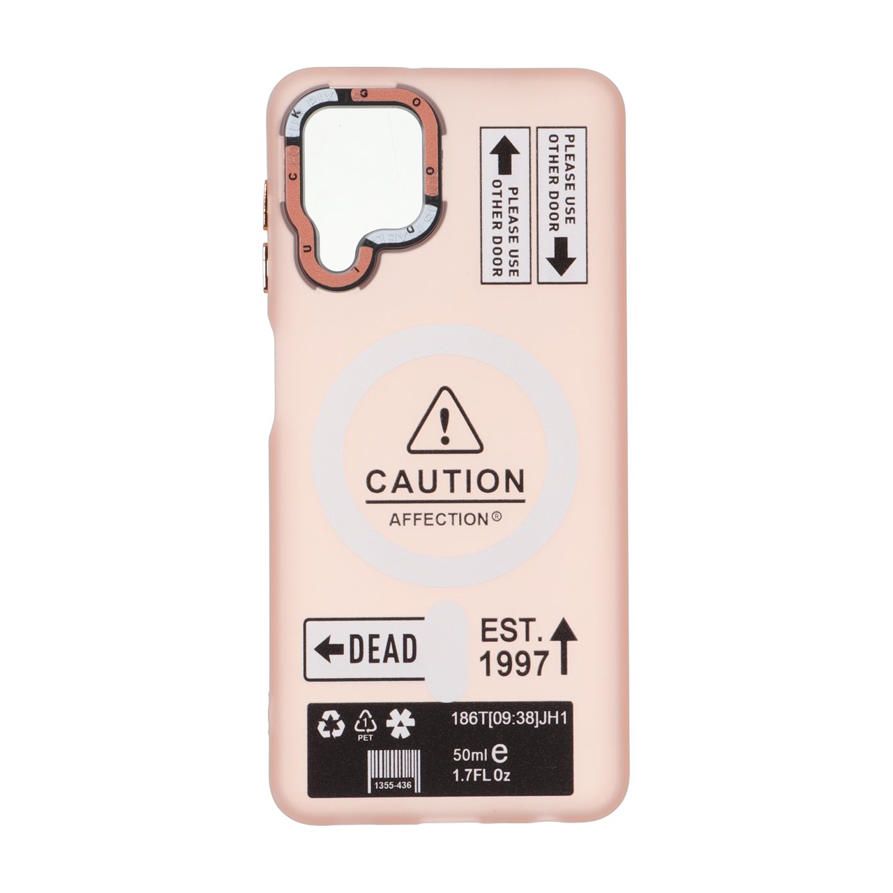 قاب Caution مات طرح مگ سیف دکمه متال صورتی مناسب برای سامسونگ گلکسی A22 4G / M22 / M32 4G / F22