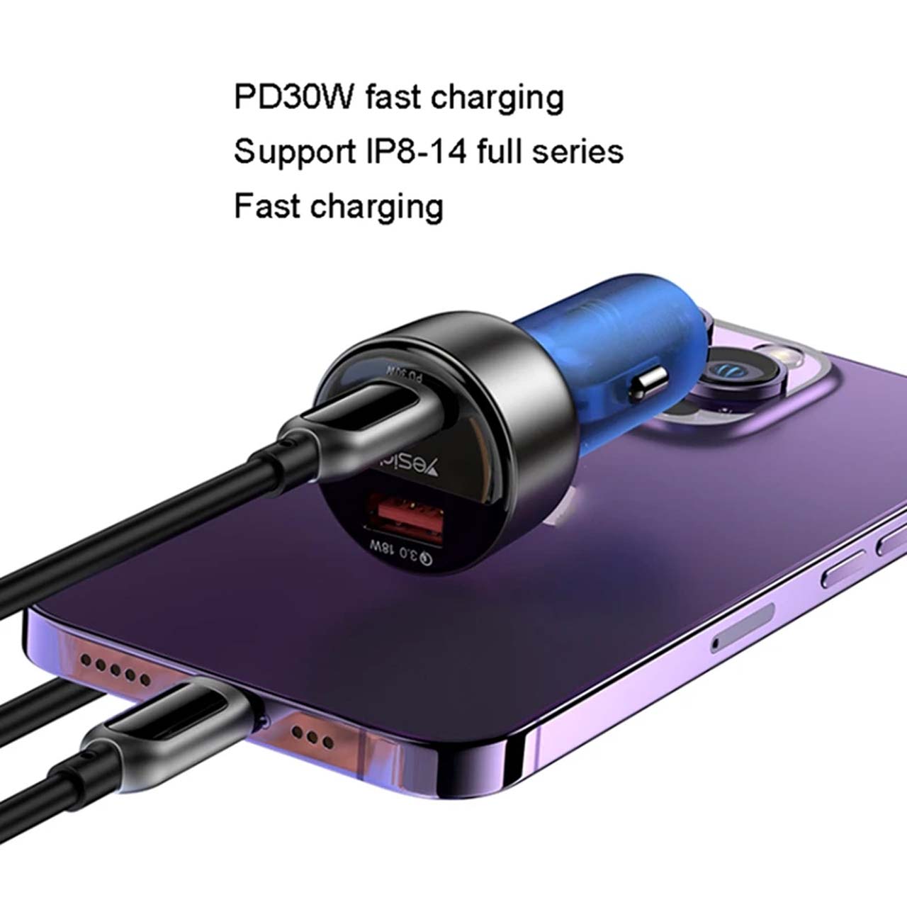 شارژر فندکی فست شارژ Yesido Y52 48W دو پورت Type-C و USB سرمه‌ای
