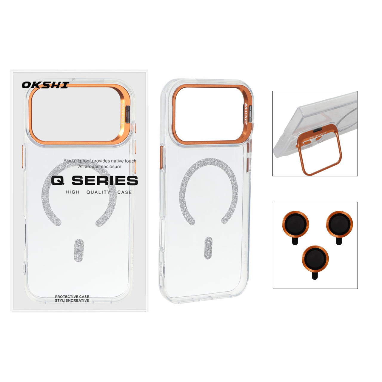 قاب Bracket شفاف Magsafe اکلیلی با ست محافظ لنز رینگی Apple iPhone 17 Pro Max - نارنجی (پک دار)