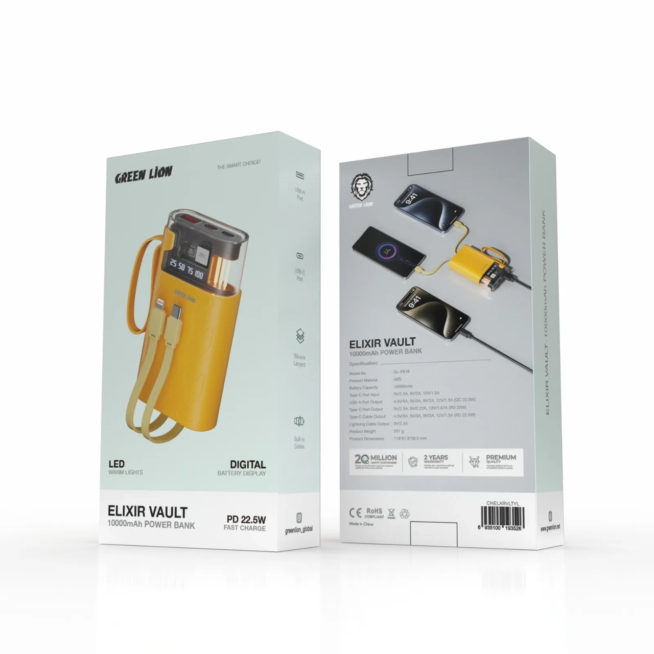 پاوربانک فست شارژ گرین لاین ELIXIR VAULT 10000mAh با توان 22.5 وات - رنگ زرد
