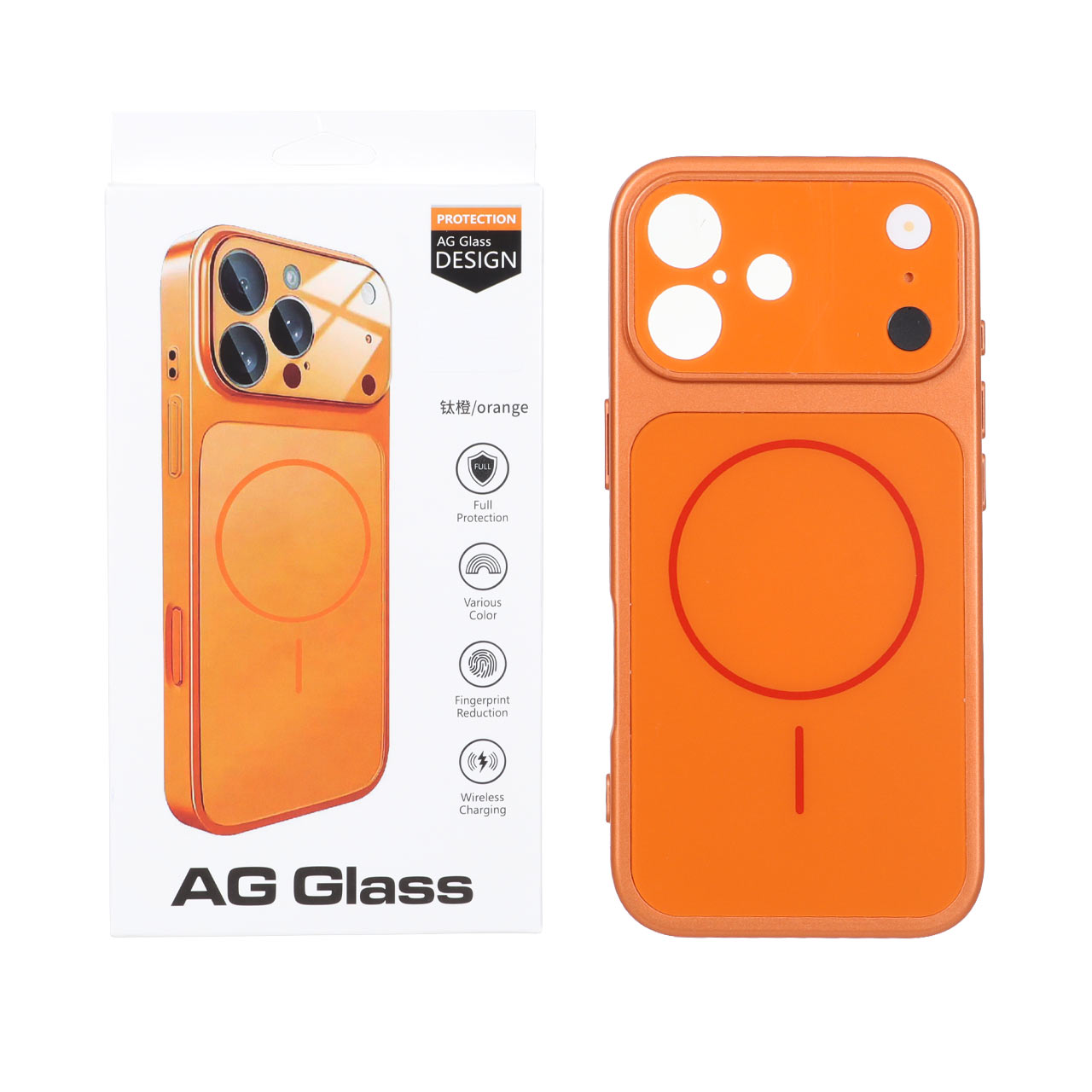 قاب طرح AG Glass مگ سیف محافظ لنز برجسته شیشه‌ای نارنجی مناسب برای آیفون 17