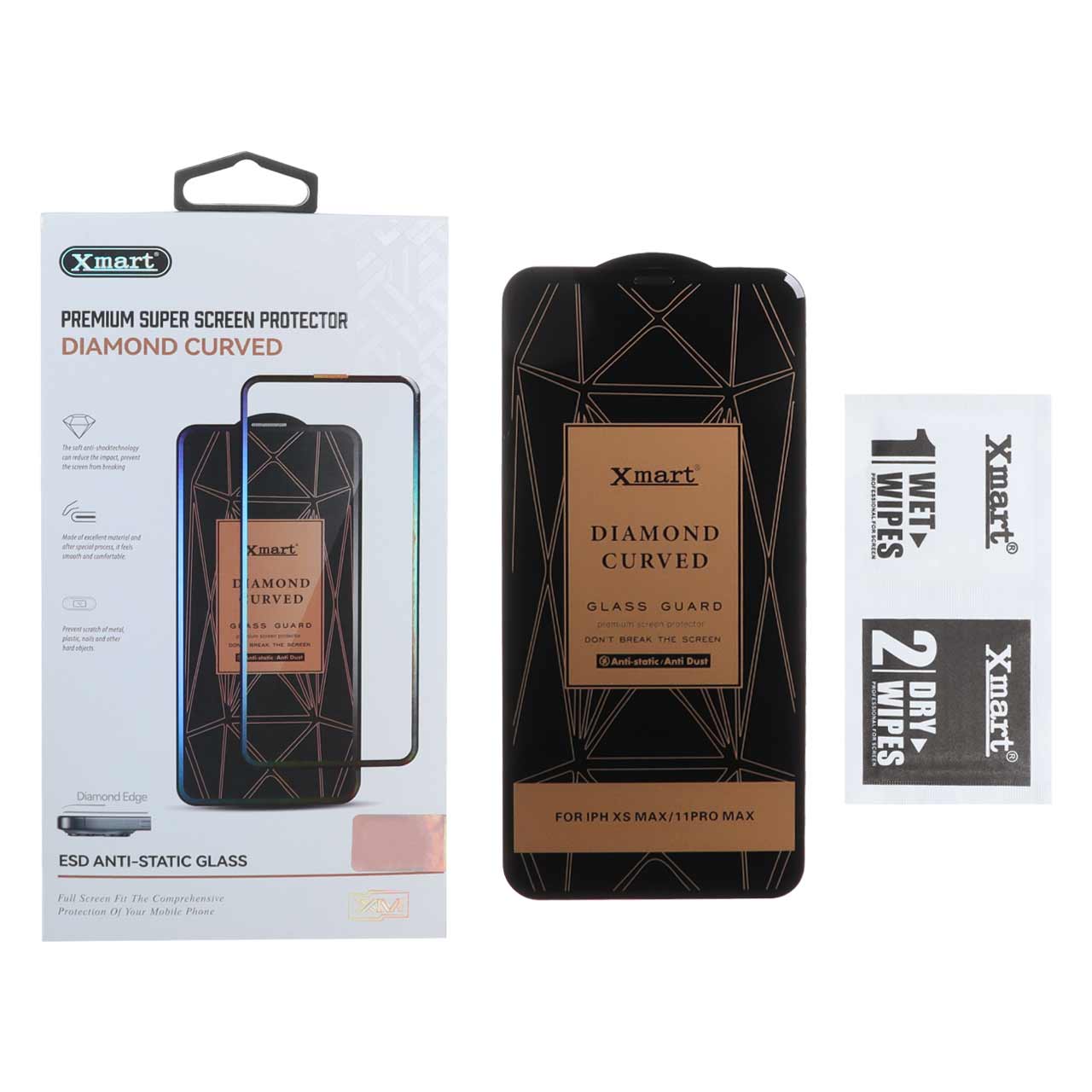 محافظ صفحه نمایش شیشه ای XMART Diamond Curved ESD Anti Static مناسب برای آیفون 11 پرو مکس، آیفون X مکس و آیفون XS مکس