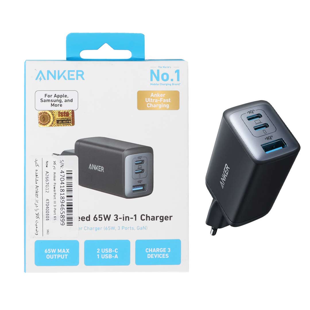 شارژر دیواری 65 وات PD و فست سه پورت ANKER مدل A2667 - مشکی