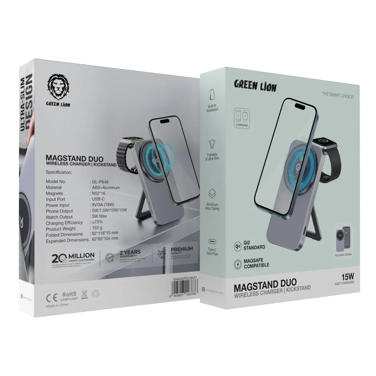 شارژر وایرلس دوکاره گرین لاین مدل Magstand Duo GNMGSTDUOKGY با قابلیت استند و مگ‌سیف
