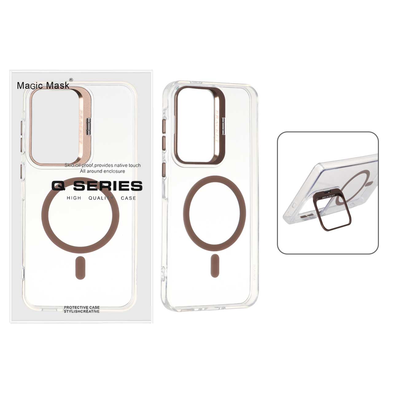 قاب طرح Q Series Bracket کریستالی مگ سیف لنز استندشو قهوه‌ای مناسب برای سامسونگ گلکسی A56 و A36
