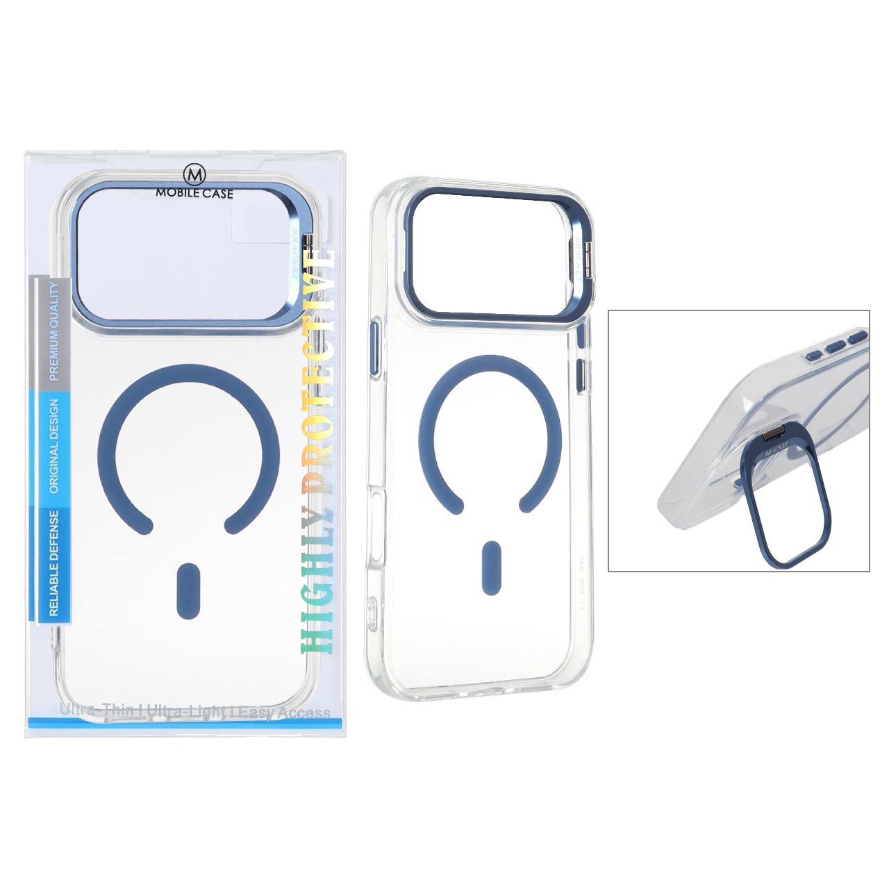 قاب کریستالی MagSafe Bracket آبی آیفون 17 پرو مکس با استند و محافظ لنز