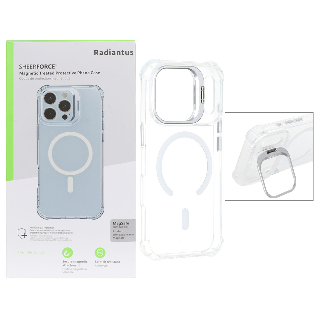 قاب شفاف کریستالی Radiantus MagSafe لنز فلزی استندشو ایربگ دار مناسب برای آیفون 17 پرو