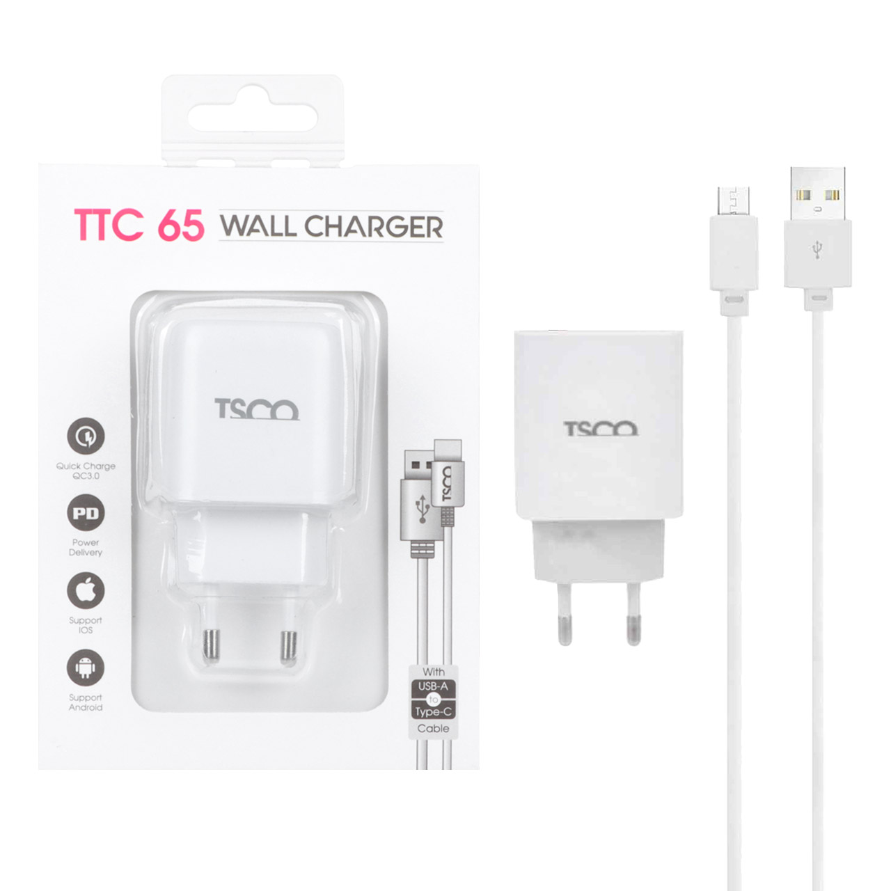 شارژر دیواری 20 وات PD و فست دو پورت TSCO مدل TTC 65 همراه با کابل شارژ TYPE-C - سفید
