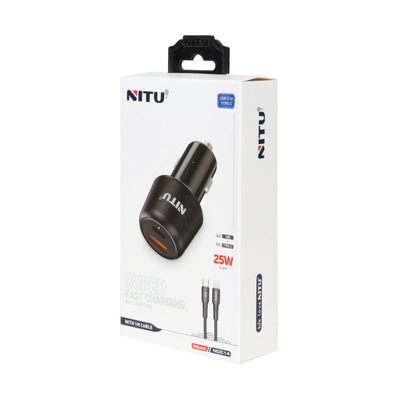 شارژر فندکی فست شارژ و PD دو پورت NITU مدل NDC14 25W همراه با کابل Type-C به Type-C مشکی
