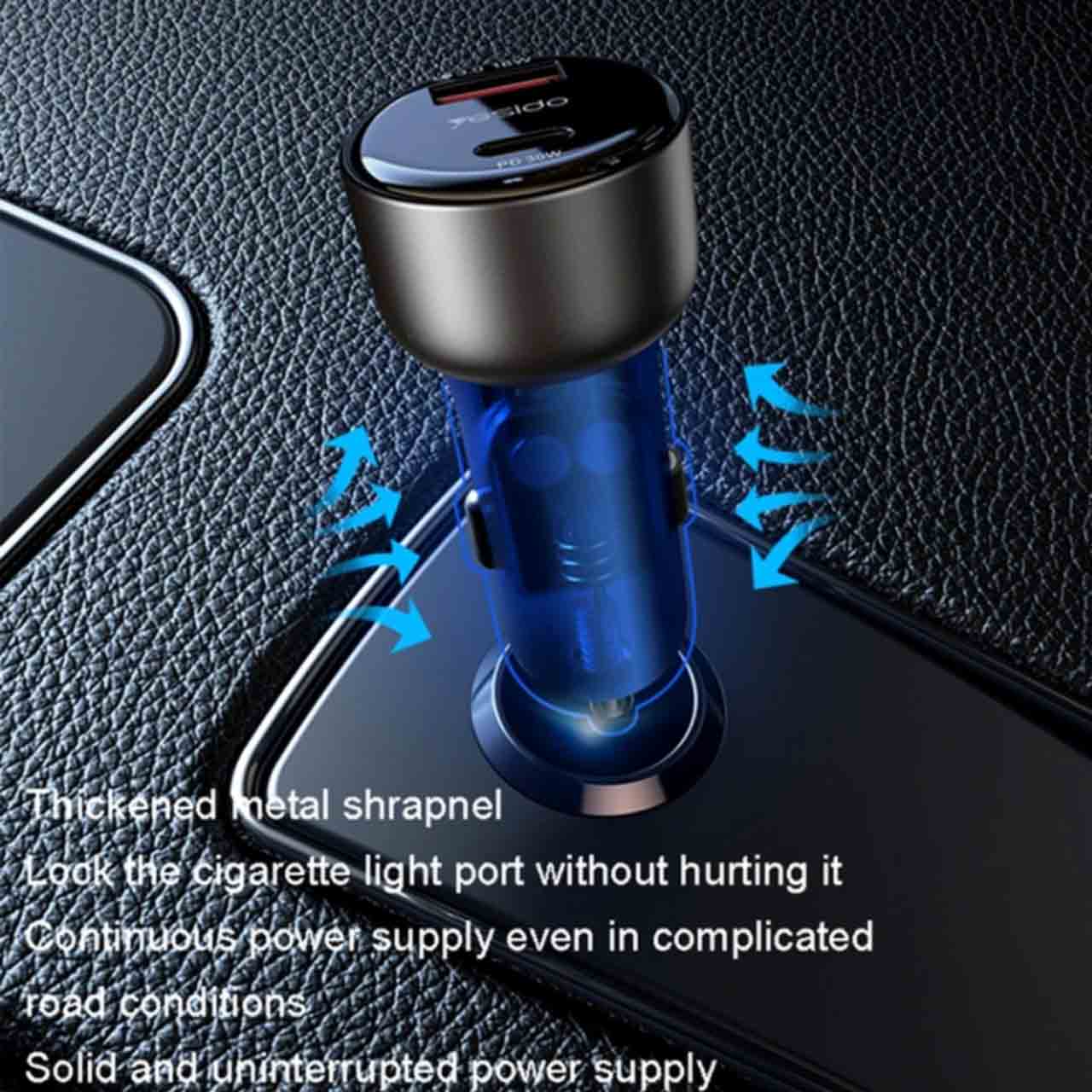 شارژر فندکی فست شارژ Yesido Y52 48W دو پورت Type-C و USB سرمه‌ای