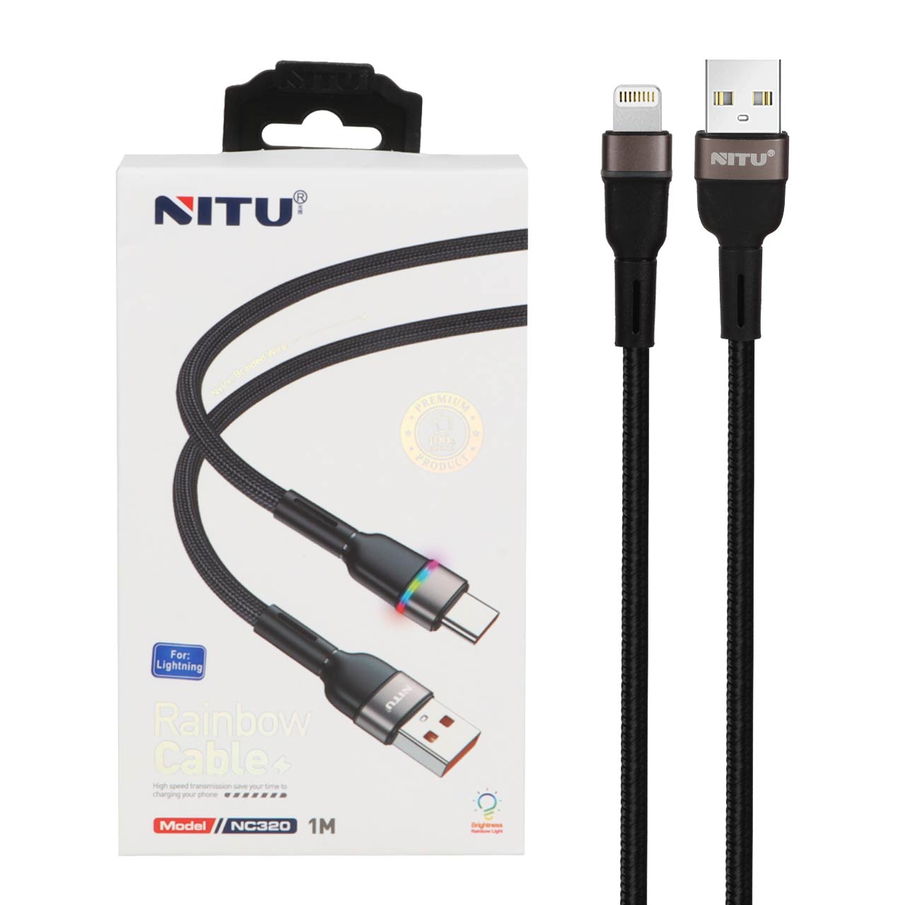 کابل شارژ لایتنینگ NITU مدل NC320 مشکی با نشانگر LED و قابلیت انتقال دیتا