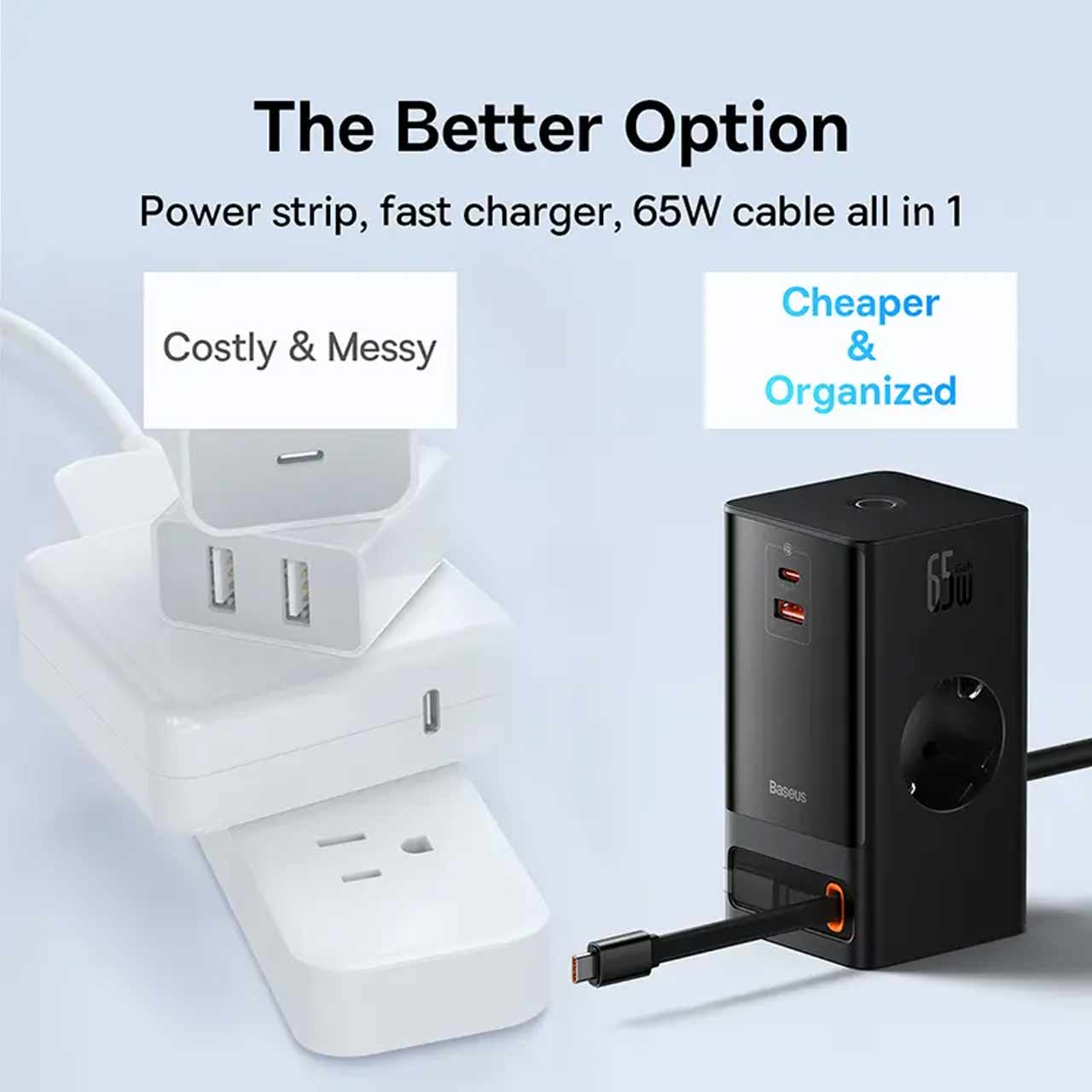 شارژر رومیزی فست چندکاره 65 وات Baseus مدل PowerCombo Tower PowerStrip مشکی با گارانتی آونگ