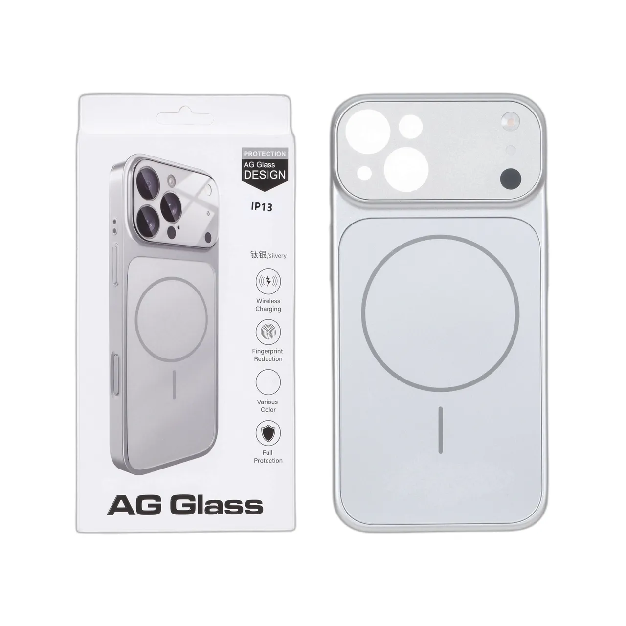 قاب AG Glass مگ سیف محافظ لنز برجسته شیشه ای نقره ای مناسب برای آیفون 13 و آیفون 14