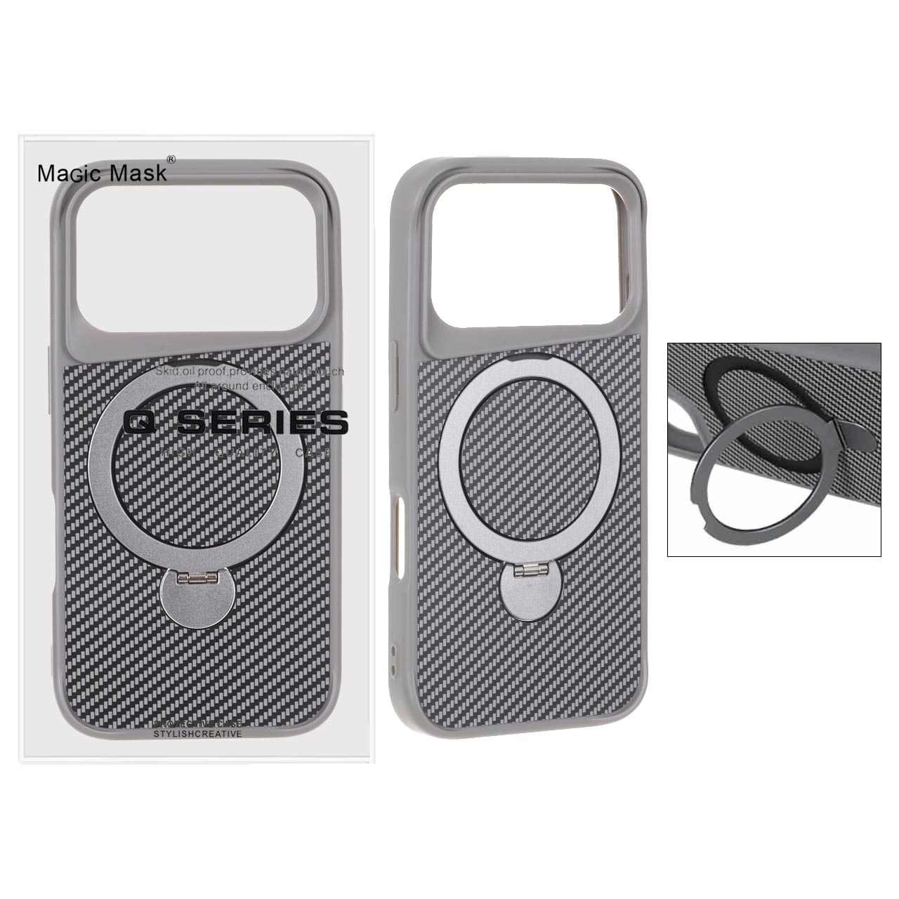 قاب مگ سیف استندشو Q-Series طرح فیبر کربن خاکستری مناسب برای آیفون 17 پرو مکس
