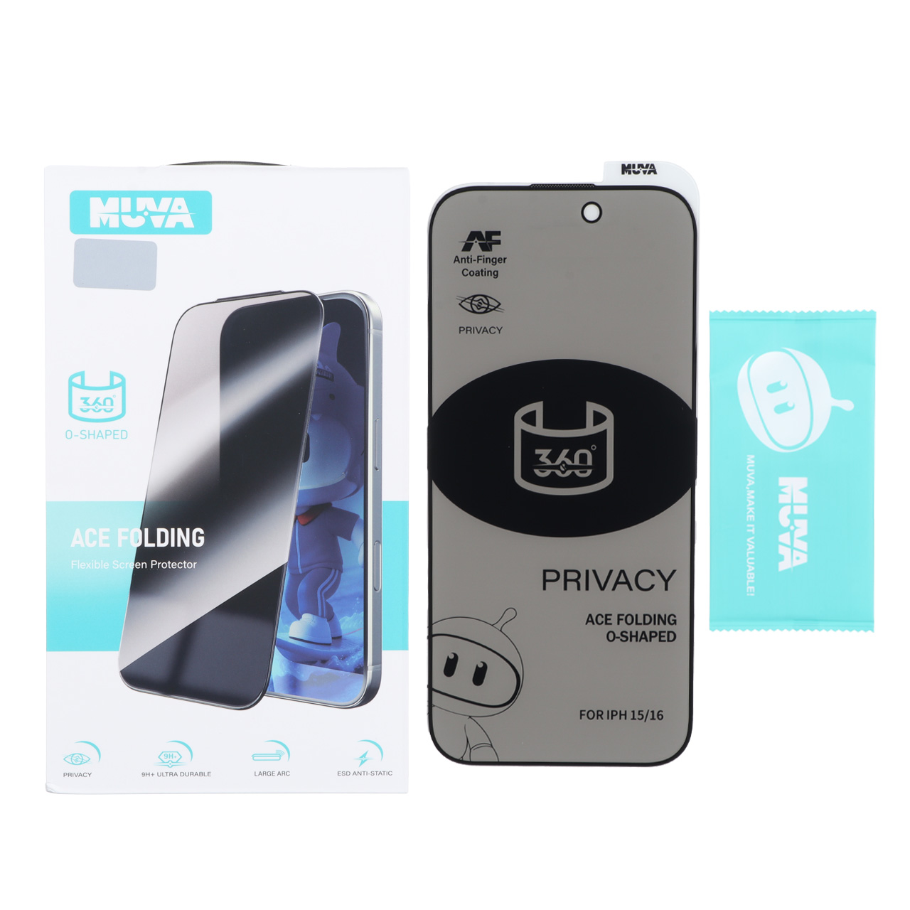 محافظ صفحه نمایش شیشه ای Full Cover MUVA 360 ESD Anti Static Privacy مدل Apple iPhone 16 / iPhone 15 / iPhone 14 Pro (پک دار)