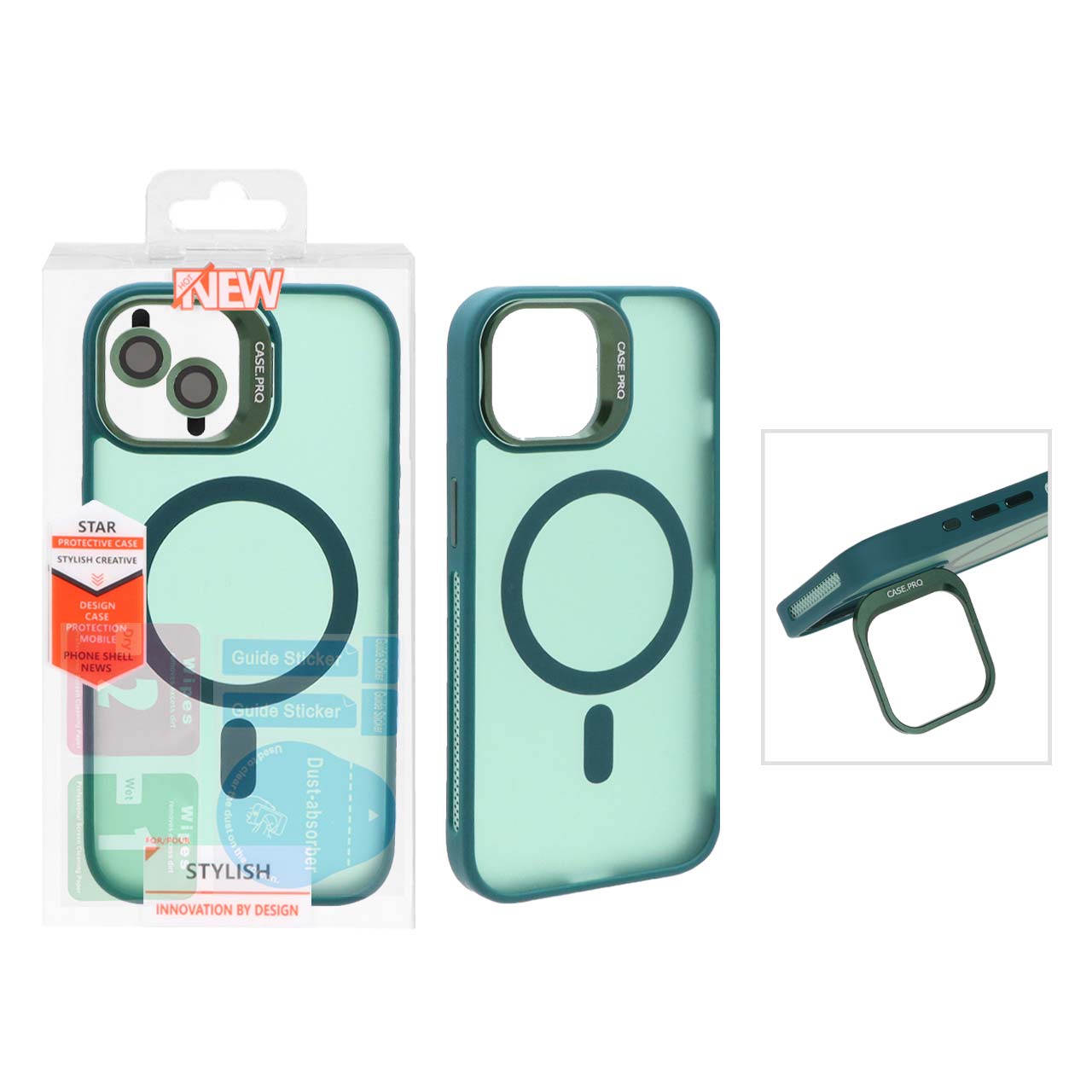 قاب Case Pro مگ‌سیف با محافظ لنز آلومینیومی مات و ست رینگی سبز مناسب برای آیفون 13 و آیفون 14