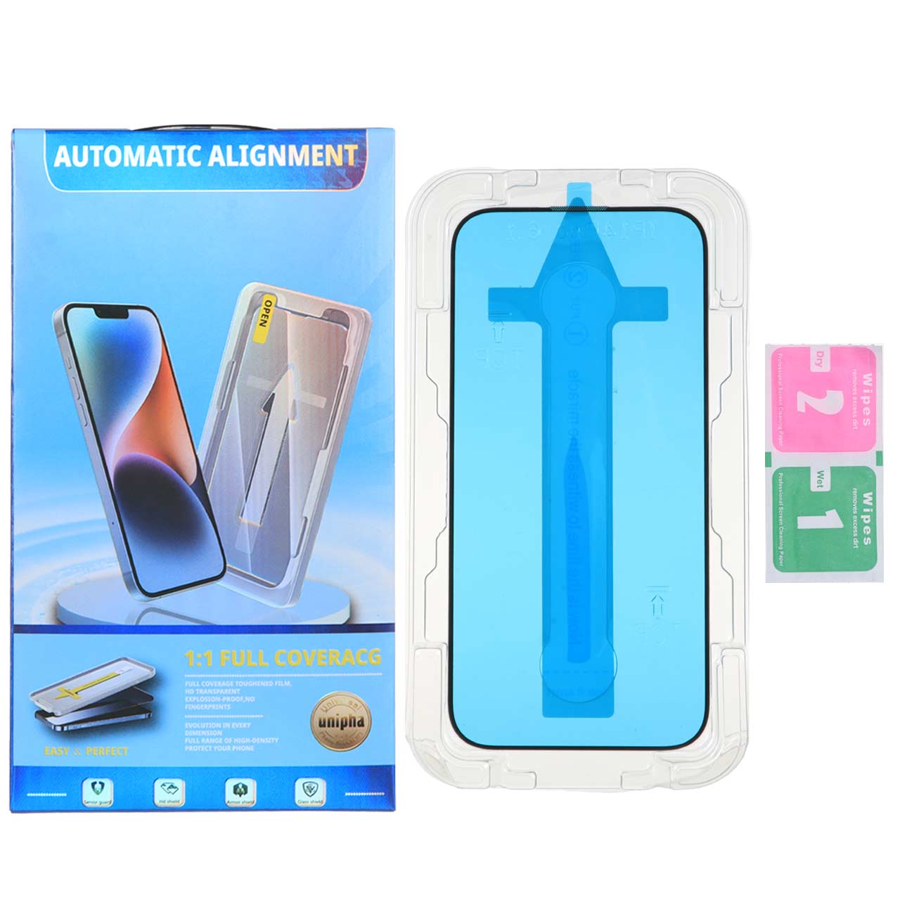 محافظ صفحه نمایش شیشه ای Unipha Magic Glass Box با نصب خودکار مناسب برای آیفون 16، آیفون 15 و آیفون 14 پرو