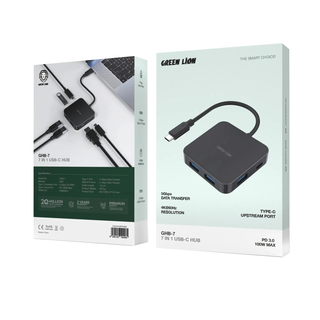 هاب 7 پورت USB-C گرین لاین مدل GHB-7 مشکی با قابلیت شارژ 100 وات و خروجی HDMI