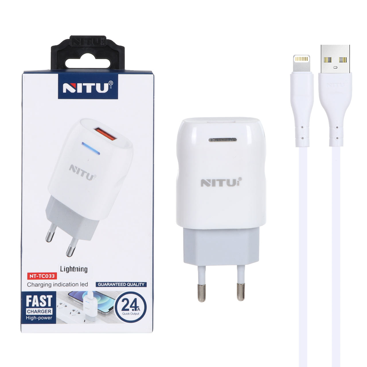 شارژر دیواری فست Nitu مدل NT-TC033 12W سفید به همراه کابل لایتنینگ