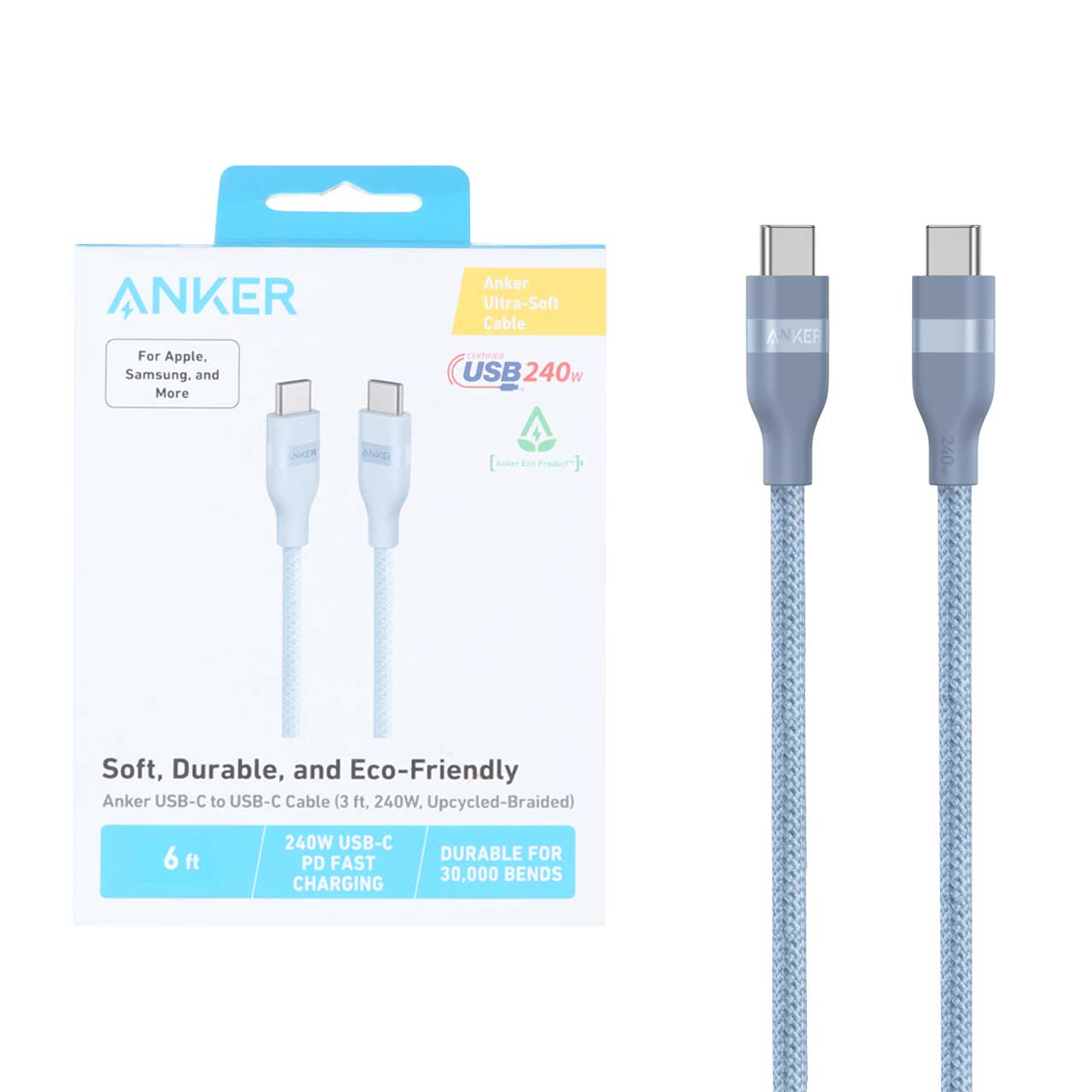 کابل شارژ PD و فست 240 وات 1.8 متری ANKER Type-C To Type-C مدل A82E2632 - آبی