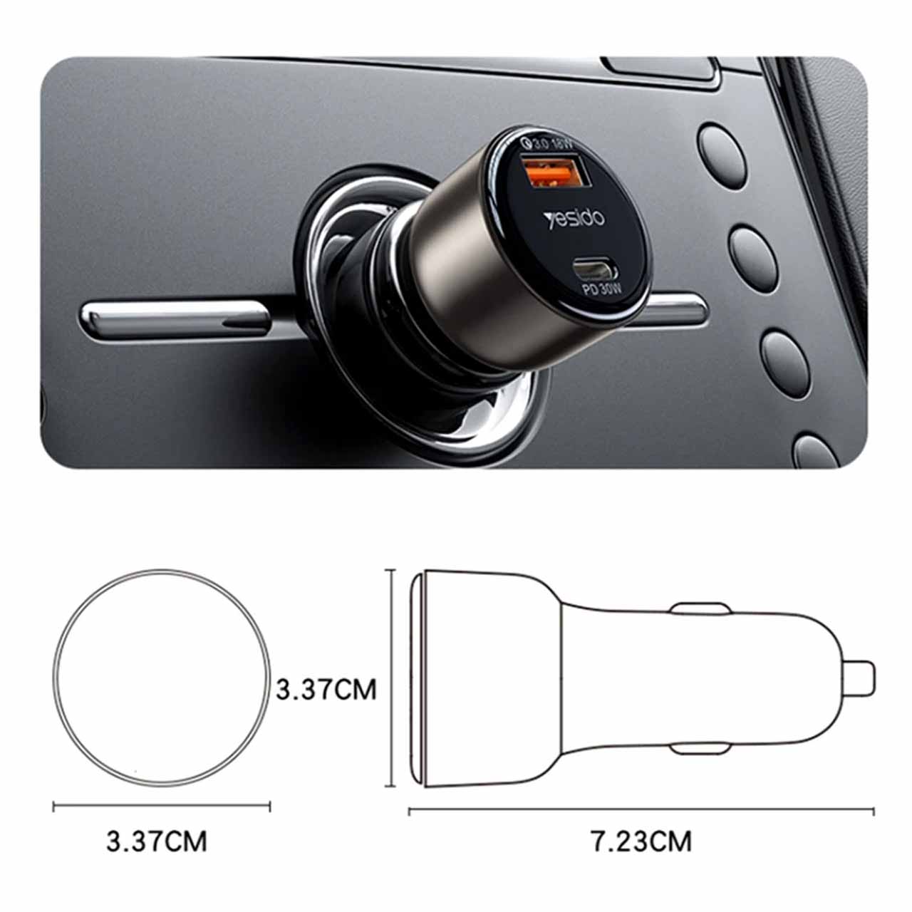 شارژر فندکی فست شارژ Yesido Y52 48W دو پورت Type-C و USB سرمه‌ای