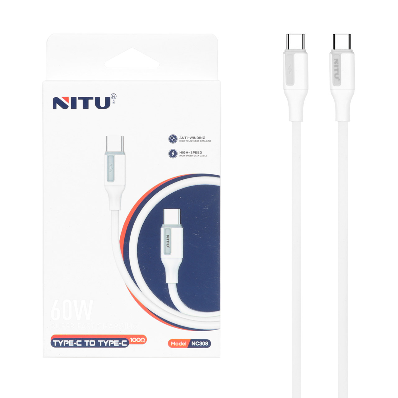کابل شارژ فست NITU Type-C به Type-C مدل NC308 سفید 60 وات با گارانتی 18 ماهه