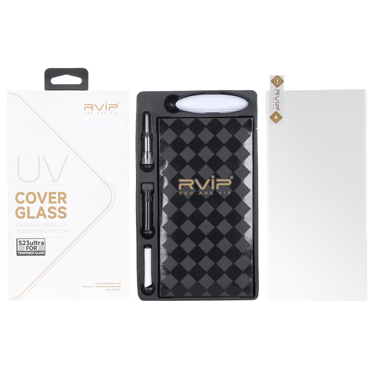 محافظ صفحه نمایش فول چسب UV اورجینال Rvip مناسب برای سامسونگ گلکسی S23 اولترا (به همراه لامپ و ابزار نصب)