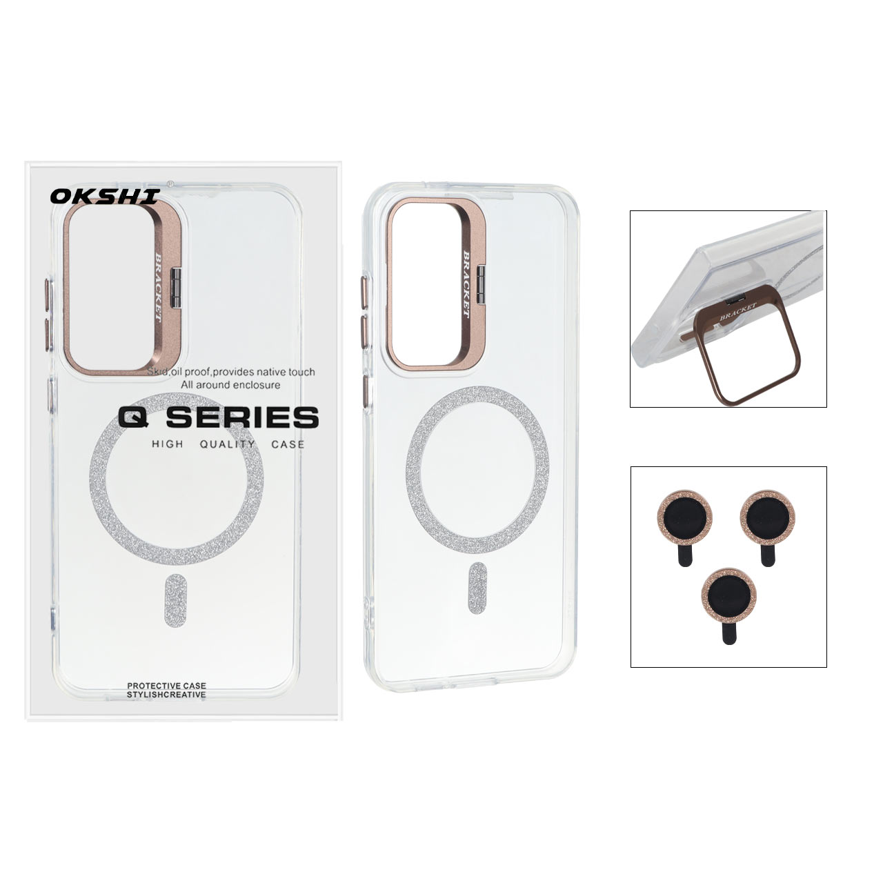 قاب Bracket شفاف Magsafe اکلیلی با ست محافظ لنز رینگی Samsung Galaxy S25 FE - قهوه ای (پک دار)