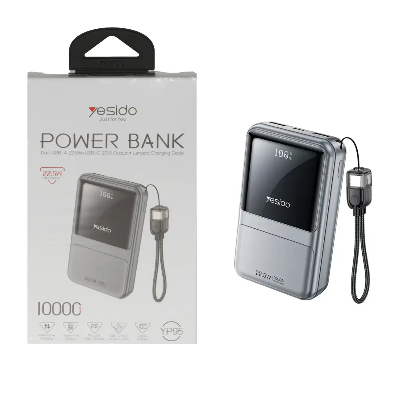 پاوربانک فست شارژ Yesido YP95 با ظرفیت 10000mAh و توان 22.5W – رنگ خاکستری