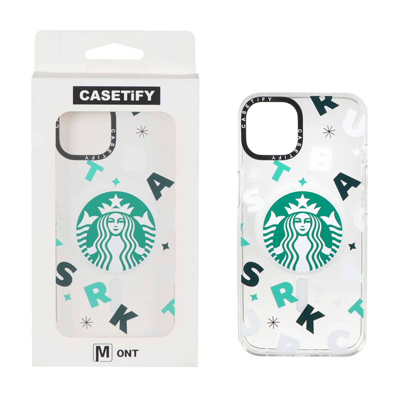 قاب شفاف مگ سیف Casetify طرح استارباکس و حروف مناسب برای آیفون 13 و آیفون 14