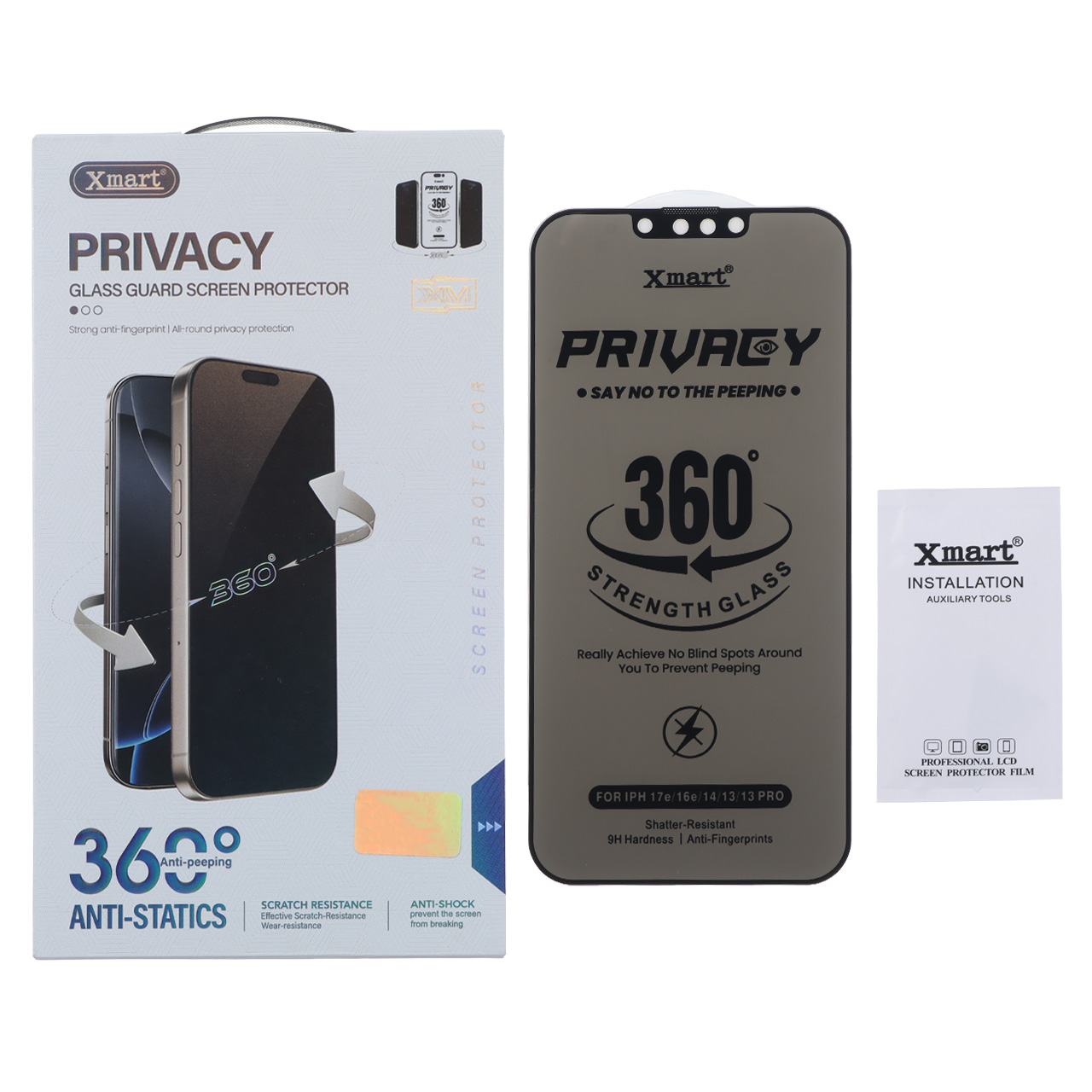 محافظ صفحه نمایش شیشه ای Full Cover Privacy XMART - Anti Static چهار جهته مدل Apple iPhone 13 / iPhone 13 Pro / iPhone 14 / 16e (پک دار)