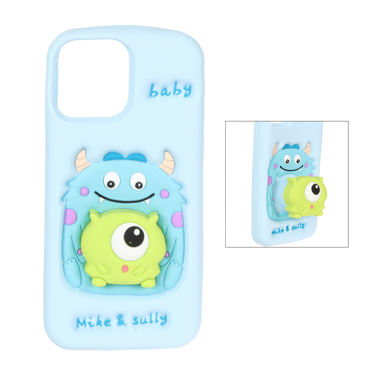 قاب سیلیکونی طرح Mike & Sully استندشو مناسب برای آیفون 13 پرو مکس، آیفون 12 پرو مکس، آیفون 14 پلاس و آیفون 15 پلاس - آبی