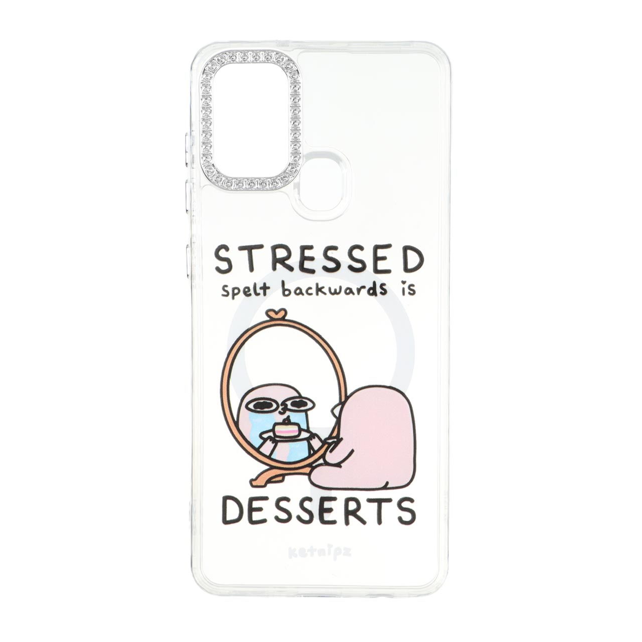 قاب ژله‌ای شفاف طرح Stressed Desserts با مگ سیف و دور لنز نگین‌دار مناسب برای سامسونگ گلکسی A21s