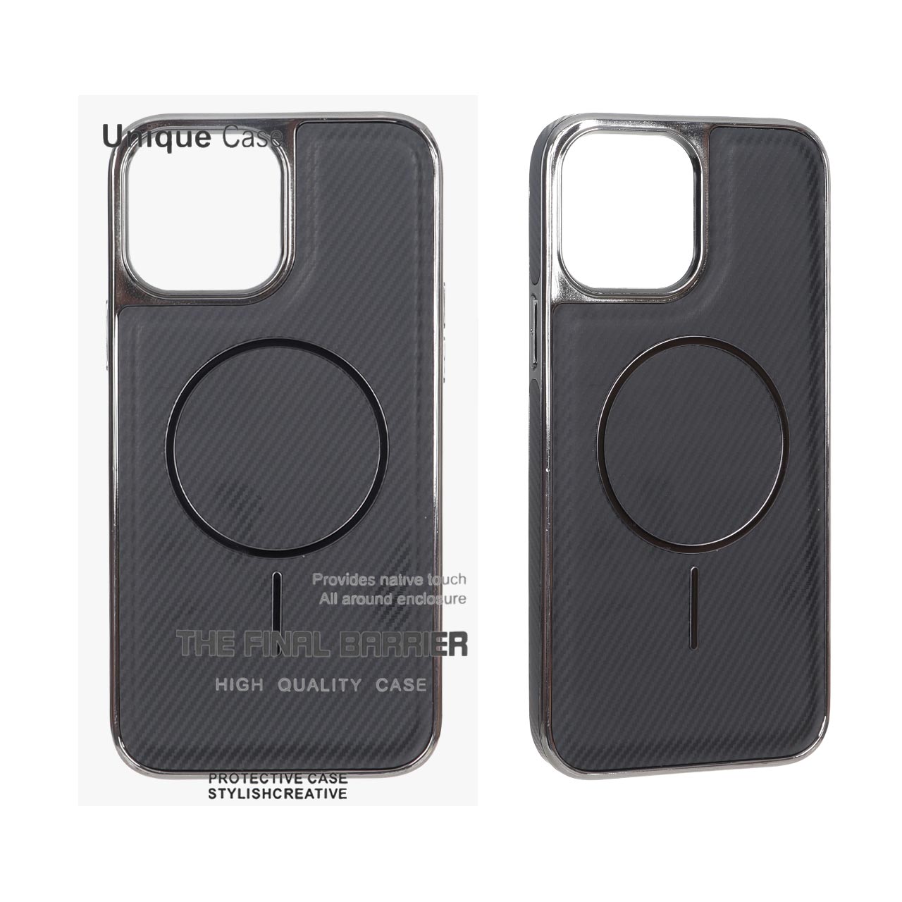 قاب مگ سیف هاشور کربنی فلزی Unique Case مشکی Gunmetal مناسب برای آیفون 13 پرو مکس