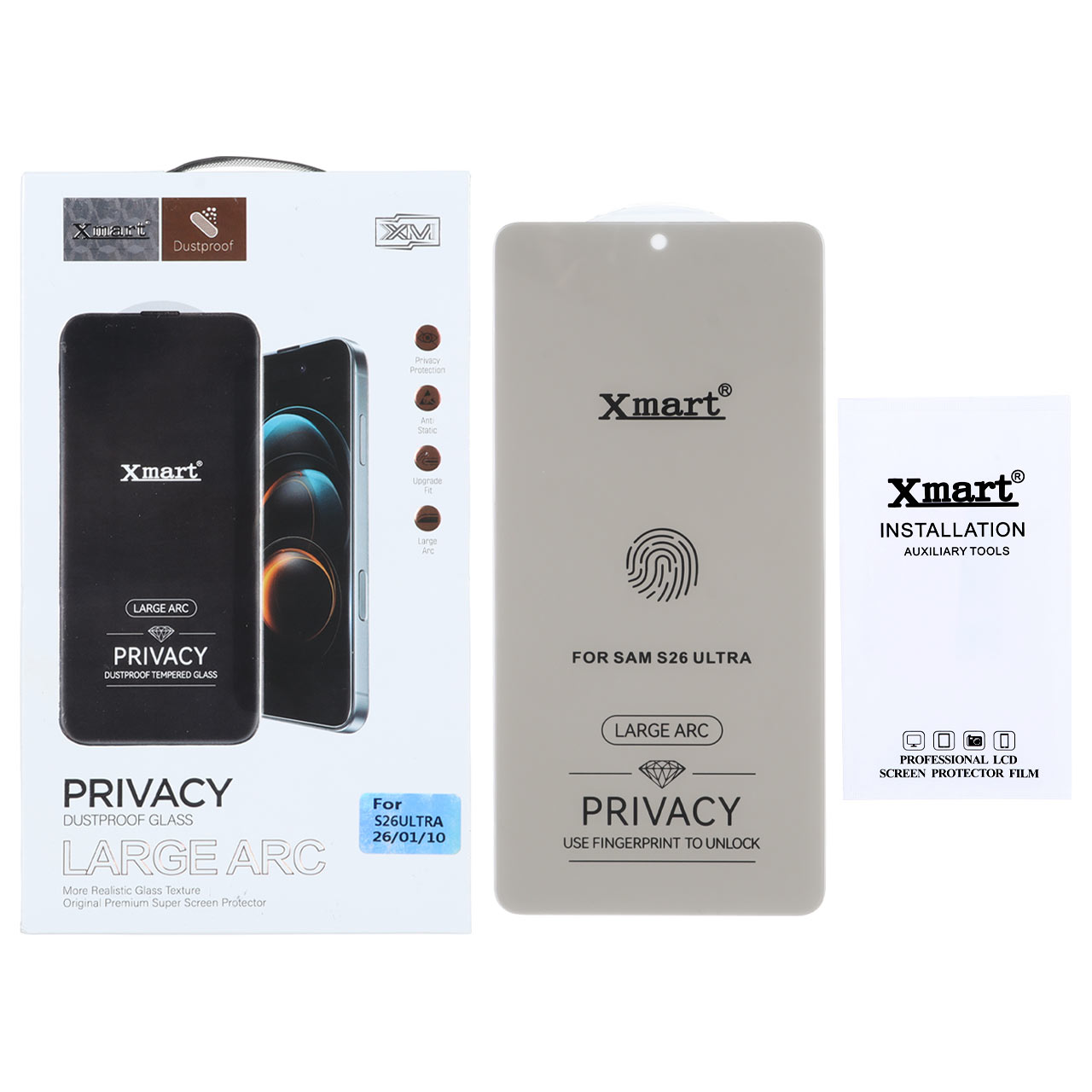 محافظ صفحه نمایش شیشه ای حریم شخصی Xmart Privacy 3D Large Arc بدون حاشیه مناسب برای سامسونگ گلکسی S26 Ultra