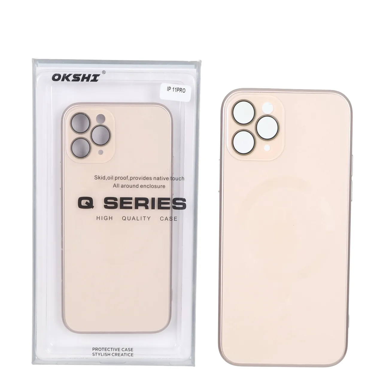 قاب اورجینال PVD MagSafe Qseries ضدخش لنز گلس دار Apple iPhone 11 Pro - صحرایی (پک دار)