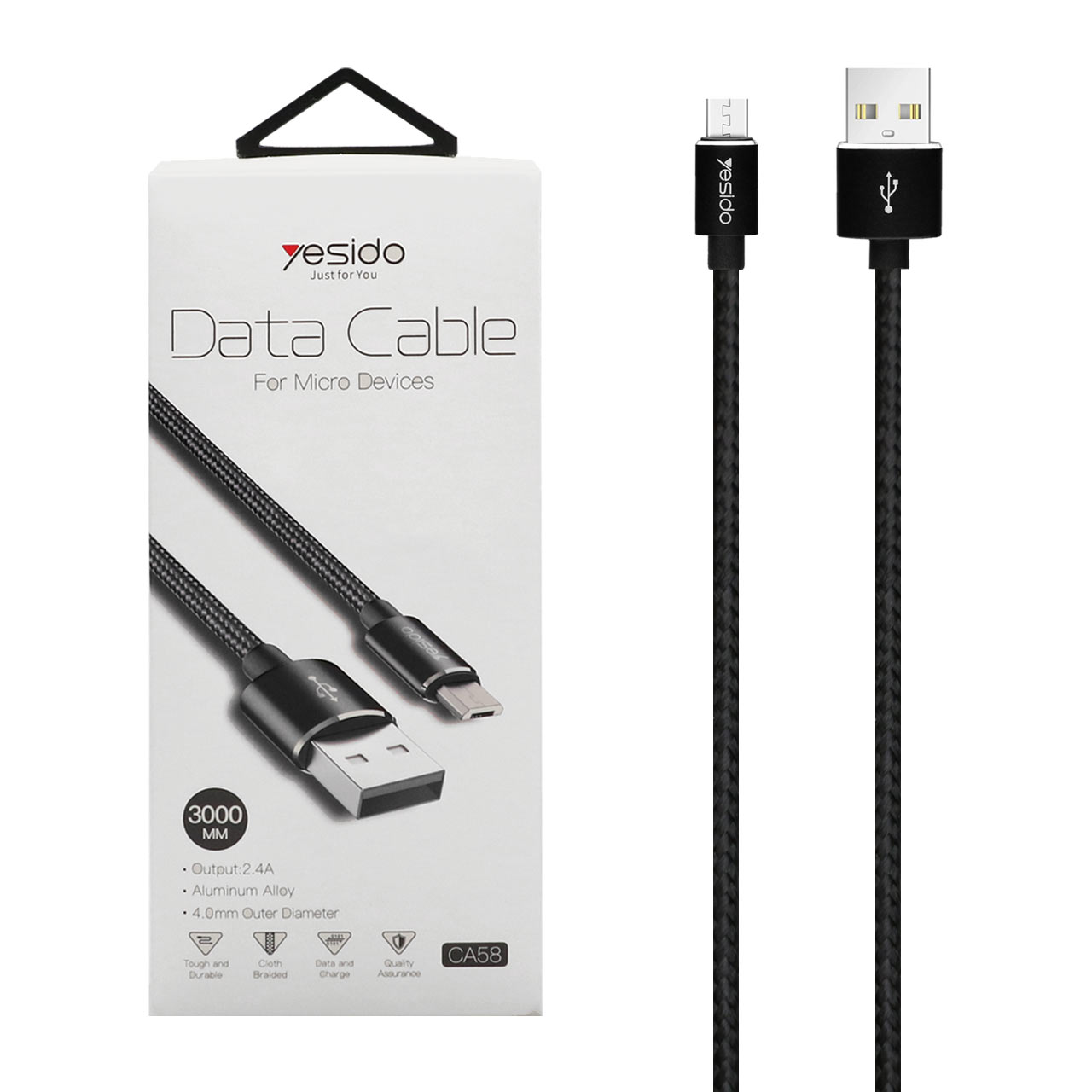کابل شارژ فست Yesido CA58 Micro USB مشکی 3 متری مناسب برای اندروید