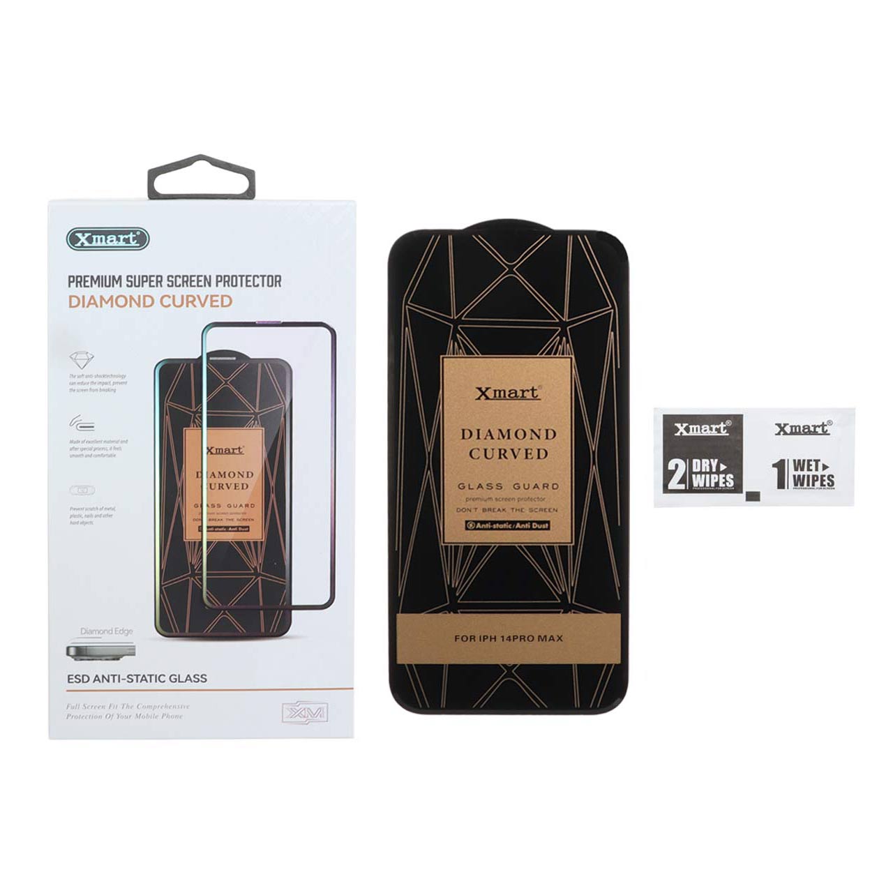 محافظ صفحه نمایش شیشه ای Xmart مدل Diamond Curved ESD Anti Static مناسب آیفون 14 پرو مکس (پک اورجینال)
