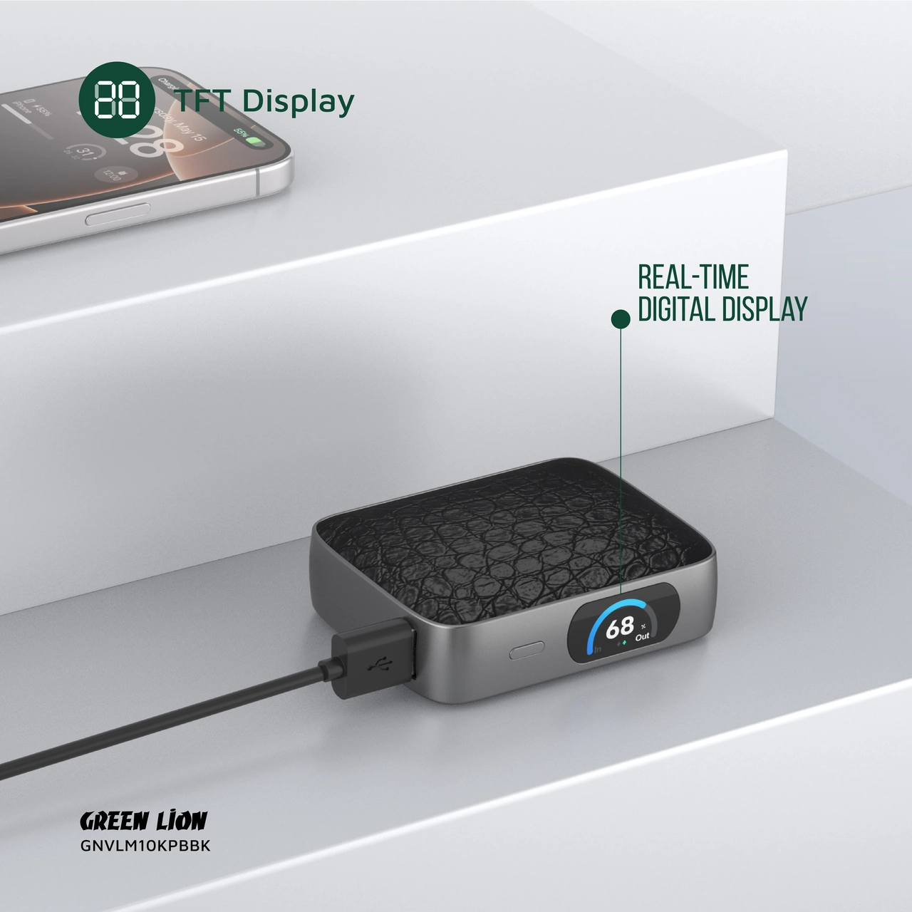 پاوربانک فست شارژ 45 وات Green Lion مدل GNVLM10KPBBK ظرفیت 10000mAh - مشکی