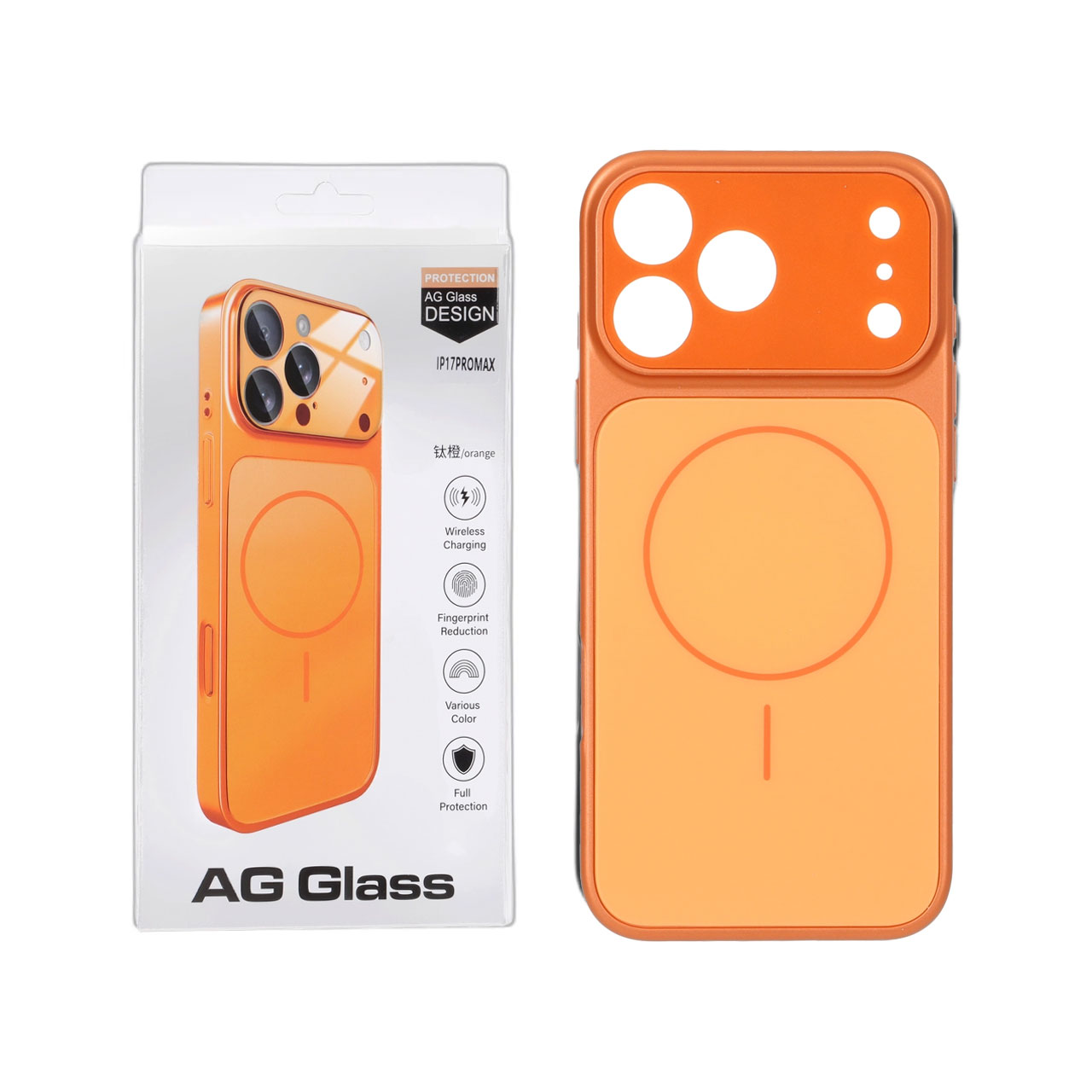 قاب اورجینال AG Glass محافظ لنز برجسته شیشه ای مگ سیف نارنجی مناسب برای آیفون 17 پرو مکس