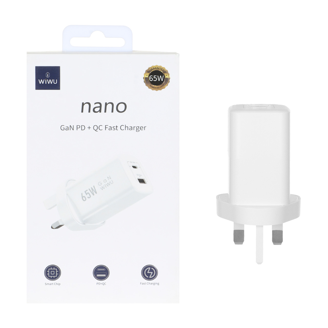 شارژر دیواری 65 وات سه پین فست و PD دو پورت Wiwu مدل WI-U012 - سفید