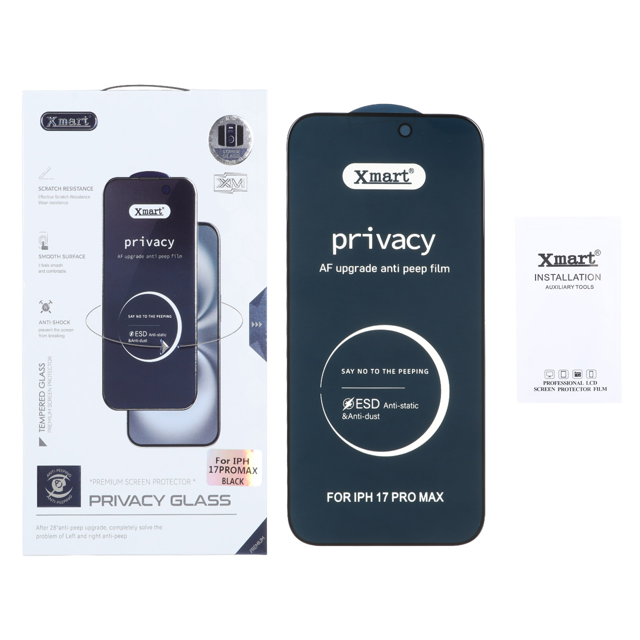 محافظ صفحه نمایش شیشه ای حریم شخصی (Privacy) فول کاور Xmart مدل ESD مناسب برای آیفون 17 پرو مکس