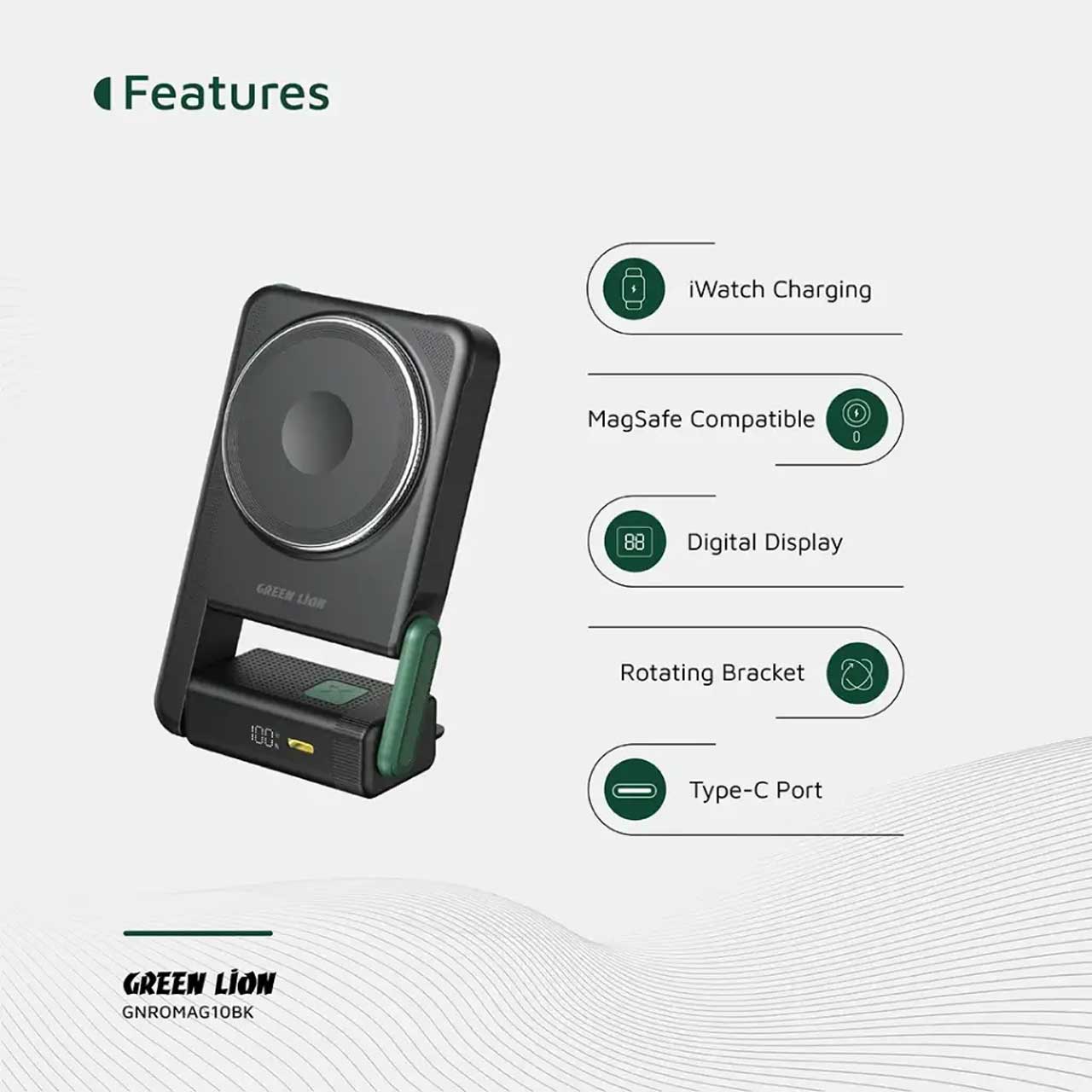 پاوربانک مگ سیف Green Lion Rotex مدل GNROMAG10BK با ظرفیت 10000mAh و توان 22.5W مشکی