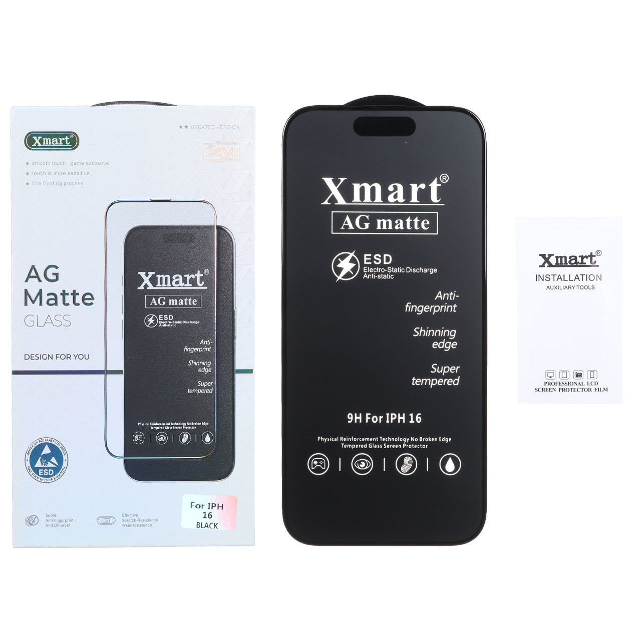 محافظ صفحه نمایش شیشه ای مات Xmart AG ESD Anti Static مناسب برای آیفون 16، آیفون 15 و آیفون 14 پرو (پک اورجینال)