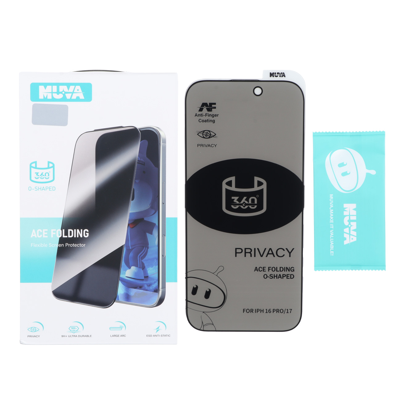 محافظ صفحه نمایش شیشه ای Full Cover MUVA 360 ESD Anti Static Privacy مدل Apple iPhone 17 / iPhone 16 Pro (پک دار)