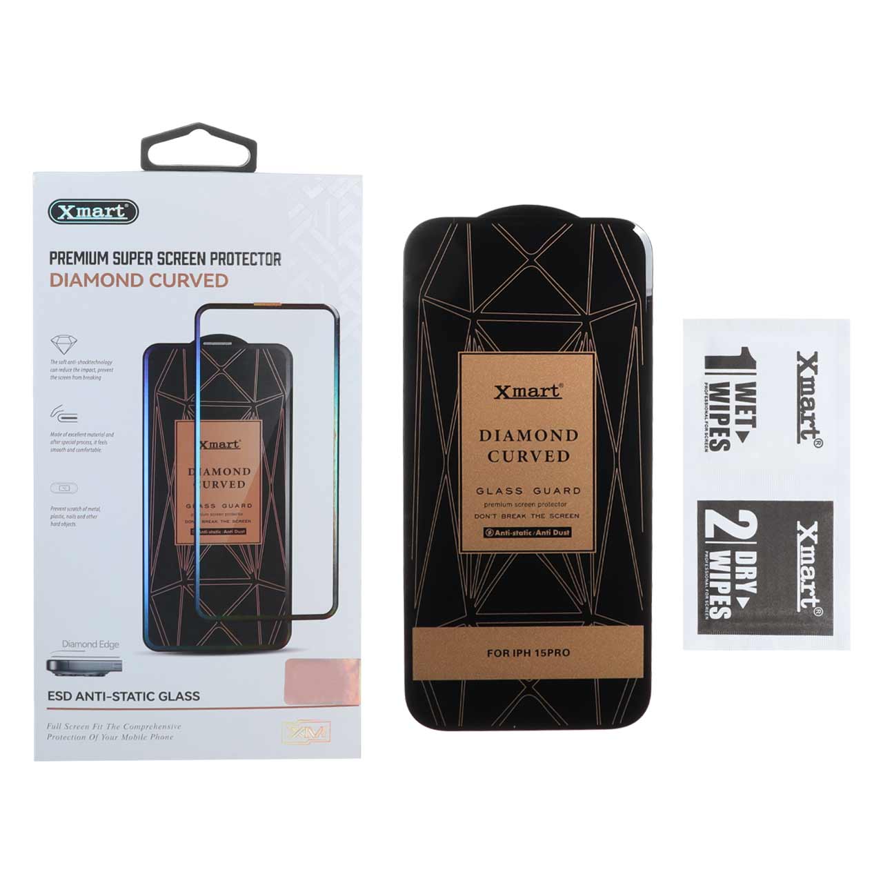 محافظ صفحه نمایش شیشه ای XMART Diamond Curved ESD Anti Static مناسب برای آیفون 15 پرو