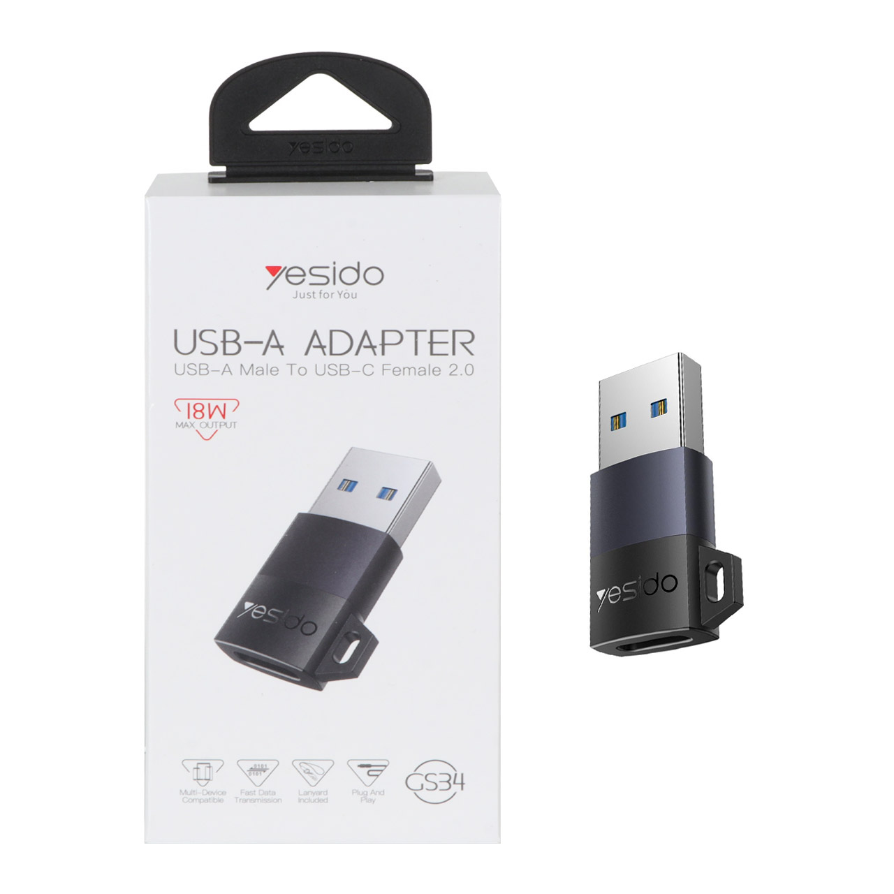 تبدیل USB به Type-C یسیدو مدل GS34 با توان 18 وات رنگ مشکی