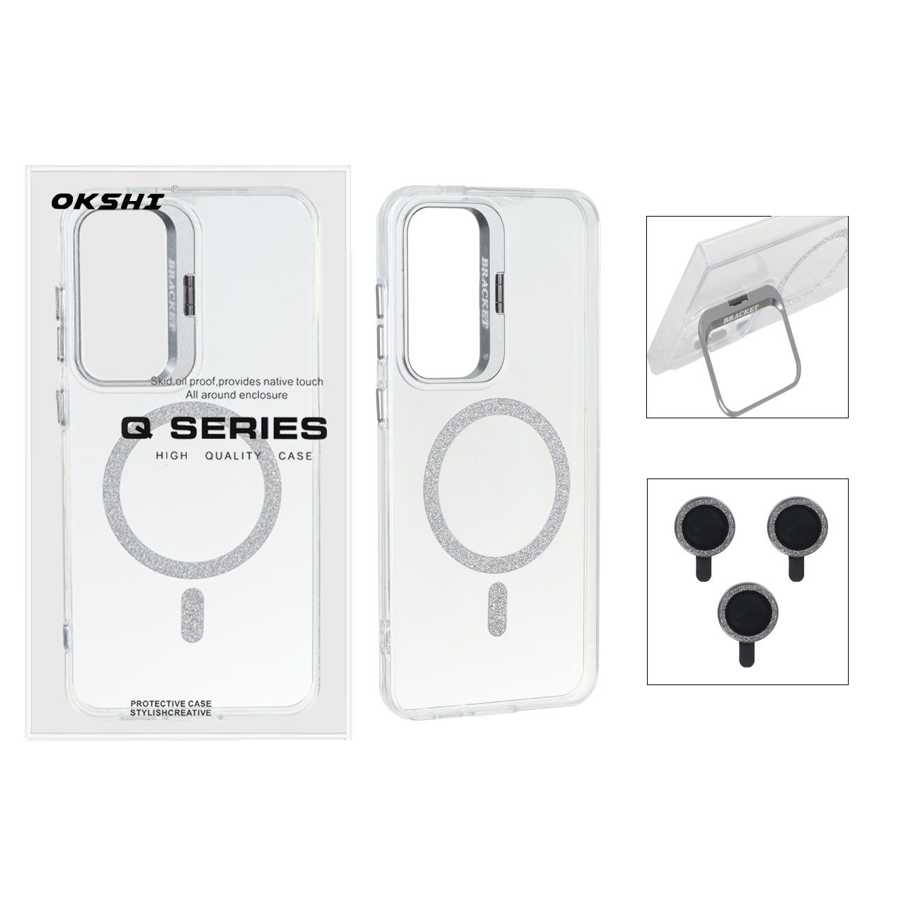 قاب Bracket شفاف Magsafe اکلیلی با ست محافظ لنز رینگی Samsung Galaxy S25 FE - نقره ای (پک دار)